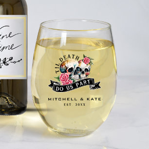 Til Death Do Us Part Skulls & Roses White Wedding Stemless Wine Glass