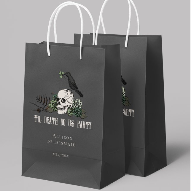Til Death Do Us Party Black Irish Skull Bridesmaid Small Gift Bag (Til Death Do Us Party Irish Skull Bridesmaid Gift Bag. Hand-drawn Skull, Green Roses & Black Crow.)