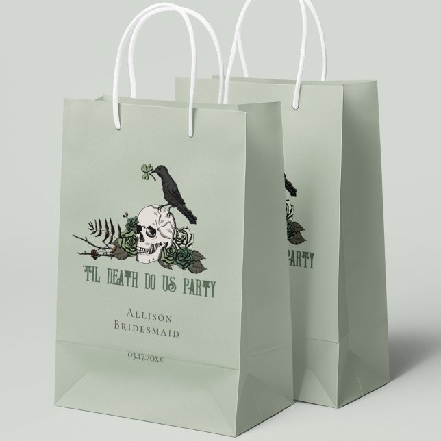 Til Death Do Us Party Sage Irish Skull Bridesmaid Small Gift Bag (Til Death Do Us Party Irish Skull Bridesmaid Gift Bag. Hand-drawn Skull, Green Roses & Black Crow.)