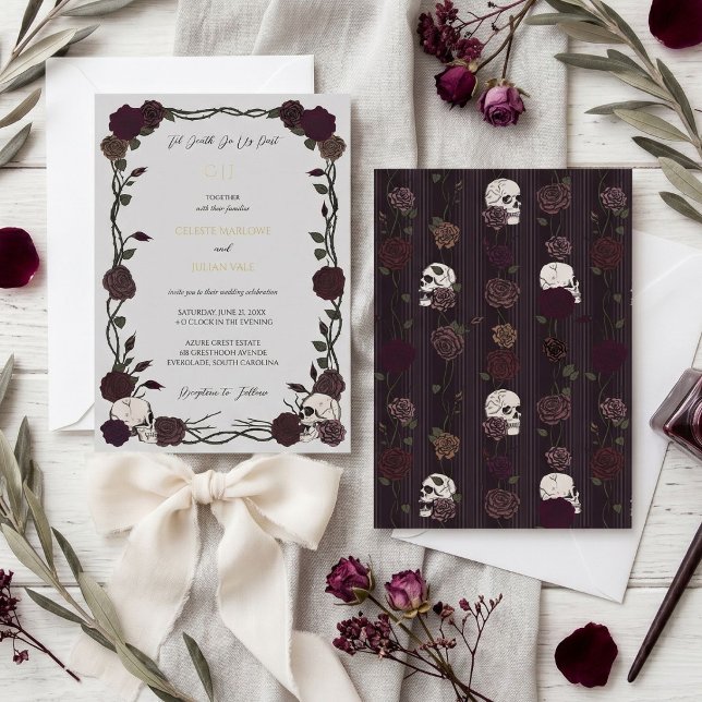 Til Death Gothic Burgundy Roses Light Grey Wedding (Moody soft gothic hand-drawn skull and rose til death do us part wedding invitation on silver gray)