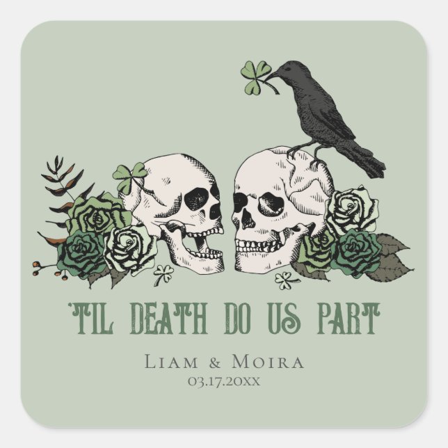 Til Death Gothic Floral Skull Irish Wedding Square Sticker (Front)