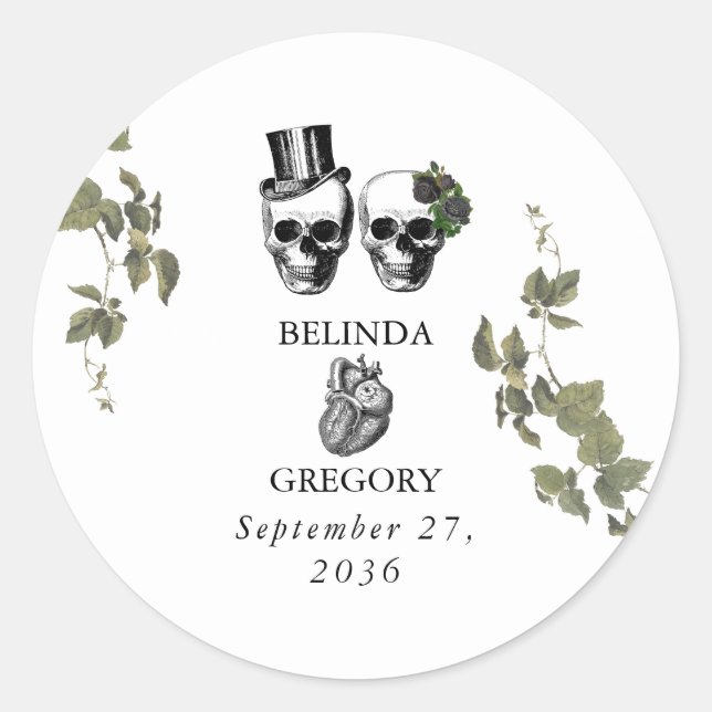 Til Death Gothic Heart Floral Skulls Wedding Classic Round Sticker (Front)