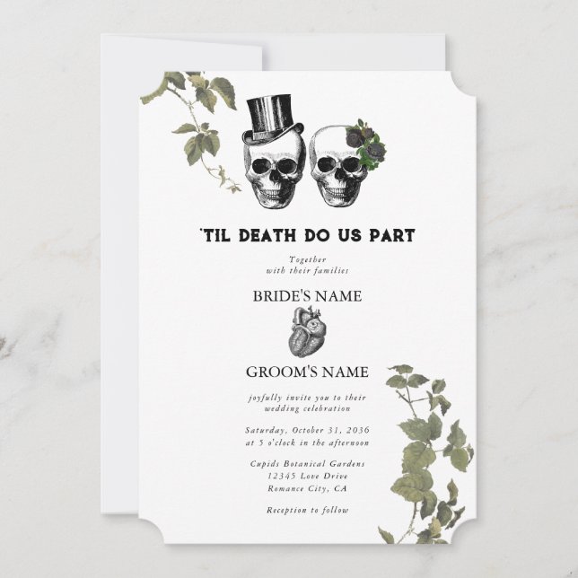 Til Death Gothic Heart Floral Skulls Wedding Invitation (Front)