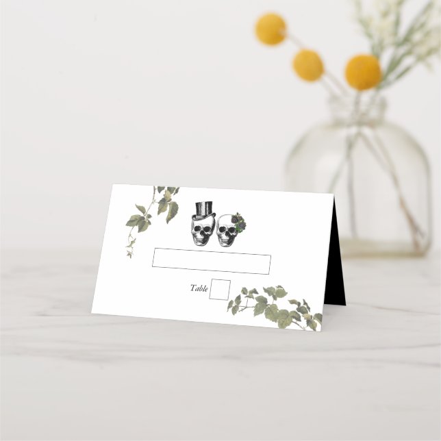 Til Death Gothic Heart Floral Skulls Wedding Place Card (Front)
