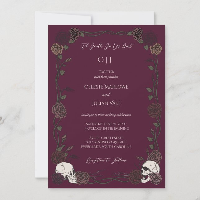 Til Death Gothic Roses Burgundy Wedding Invitation (Front)