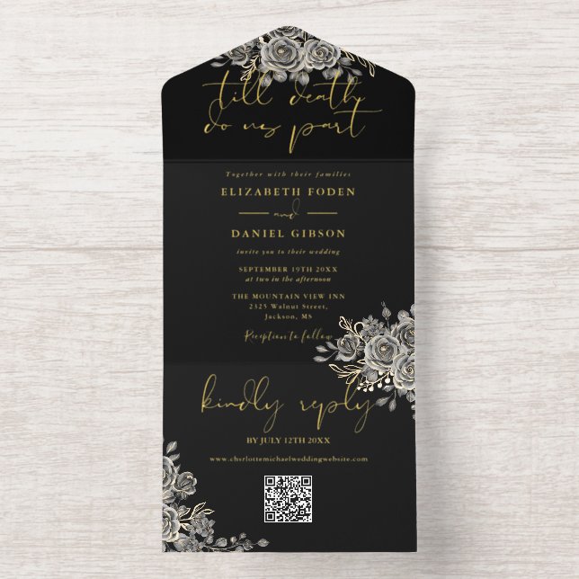 Til Death Gothic Roses Floral QR Code Wedding Foil All In One Invitation (Inside)