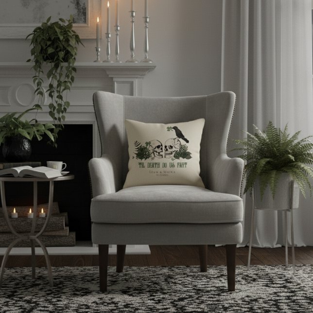 Til Death Gothic St Patricks Day Floral Skull Cushion (Gothic Irish 'Til Death Do Us Part White Pillow. Goth Illustration of 2 Skulls, Green Roses & Raven)