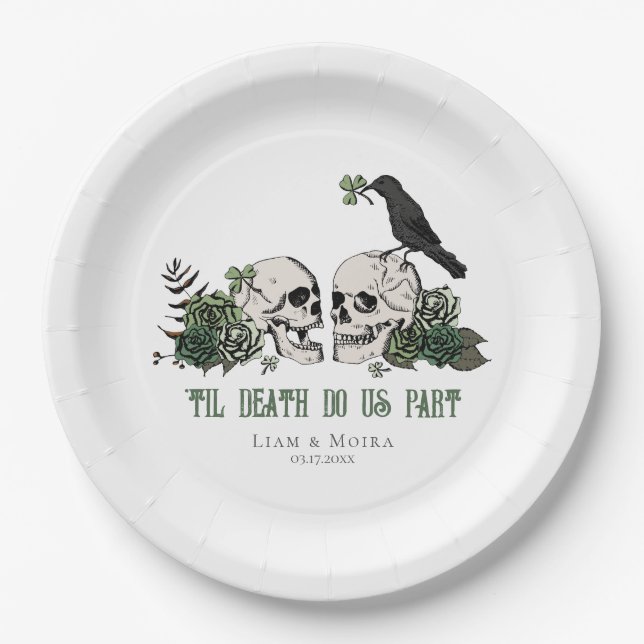 Til Death Gothic St Patricks Day Floral Skull Paper Plate (Front)