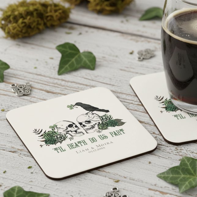 Til Death Gothic St Patricks Day Floral Skull Square Paper Coaster (St Patrick's Day Gothic Skulls, Raven, Green Roses, Shamrock, Clover & Black Raven Irish Coasters. )
