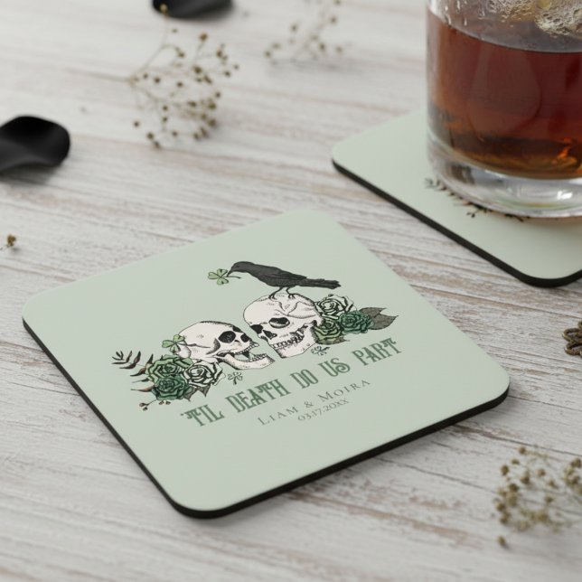 Til Death Gothic St Patricks Day Floral Skull Square Paper Coaster (Green Floral Irish Skulls 'Til Death Do Us Part Wedding Coasters. Skulls, Roses, Shamrock & Raven)