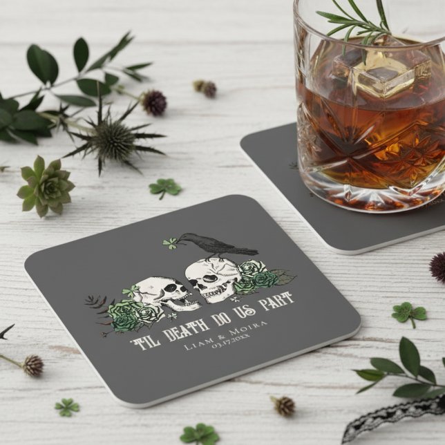 Til Death Grey Goth St Patricks Day Floral Skull Square Paper Coaster (Dark Gray Floral Irish Skull 'Til Death Do Us Part Wedding Coasters. Skulls, Roses, Shamrock & Raven)