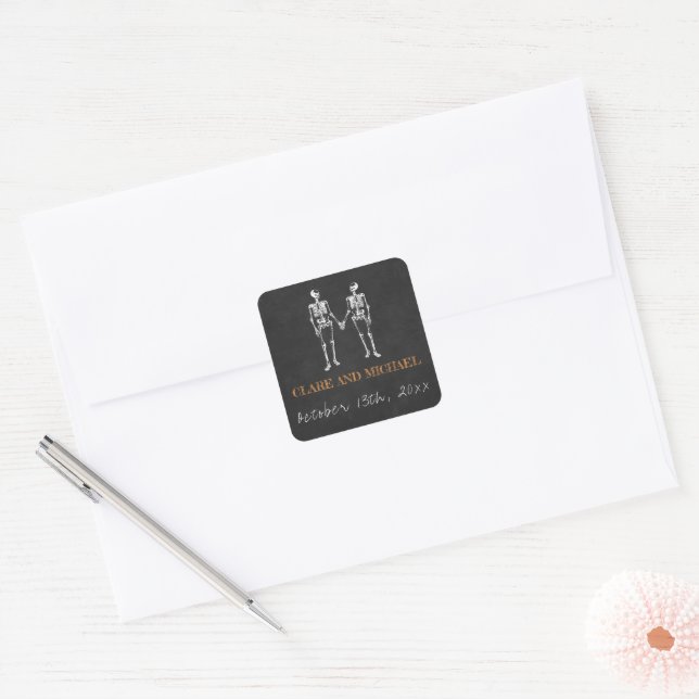 Til Death Halloween Skeleton Orange Black Wedding Square Sticker (Envelope)