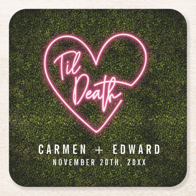 Til Death Neon Sign Heart Wedding Square Paper Coaster (Front)
