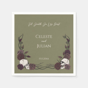 Til Death Olive Green Gothic Skull & Rose Wedding Napkin