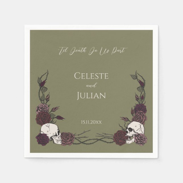 Til Death Olive Green Gothic Skull & Rose Wedding Napkin (Front)