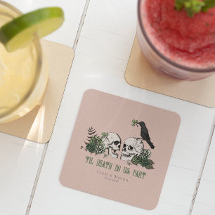 Til Death Pink Gothic St Patricks Day Floral Skull Square Paper Coaster