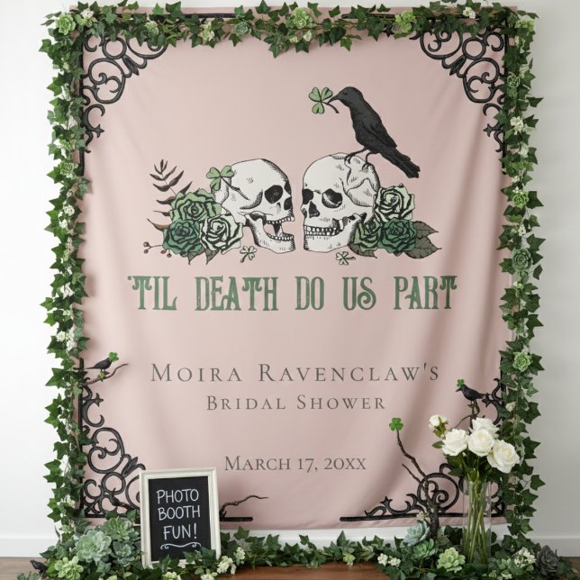 Til Death Pink Mr and Mrs Skulls Green Roses Tapestry (Til Death Pink Photo Prop/Booth for Irish Gothic Wedding. Floral Skulls, Green Roses, Black Raven)