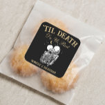 Til Death Skeleton Lovers Tarot Card Goth Wedding Square Sticker<br><div class="desc">Introducing the "Til Death Skeleton Lovers Tarot Card Goth Wedding Square Sticker" – a unique and personalised addition to your wedding favours. Embrace the dark fairytale wedding theme with this custom sticker featuring lovers tarot card skeletons, ideal for a gothic and spooky wedding celebration. These stickers serve as perfect bachelorette...</div>