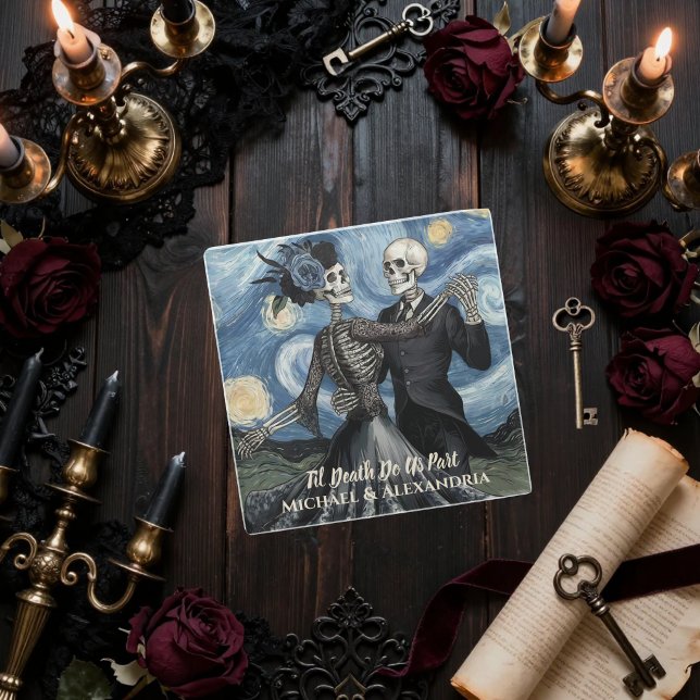 Til Death Skeleton Van Gogh Gothic Wedding Favour Glass Coaster (Creator Uploaded)