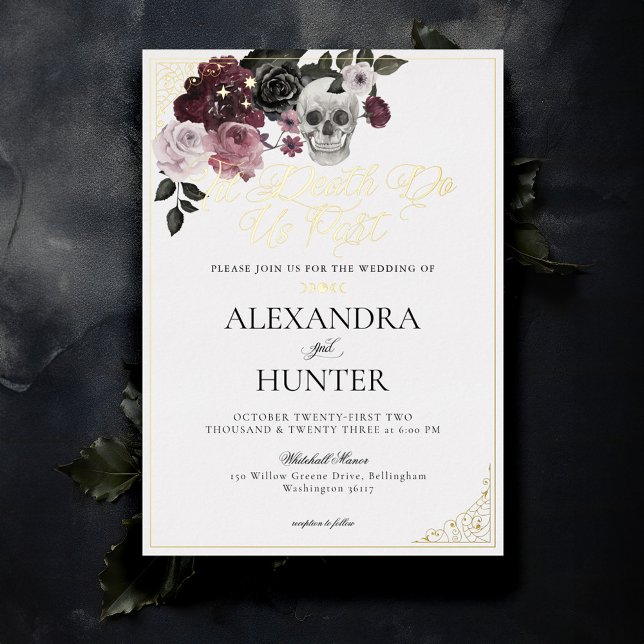 Til Death Watercolor Skull Rose Gothic Wedding (Til Death Watercolor Skull Rose Gothic Wedding Foil White Invitation)