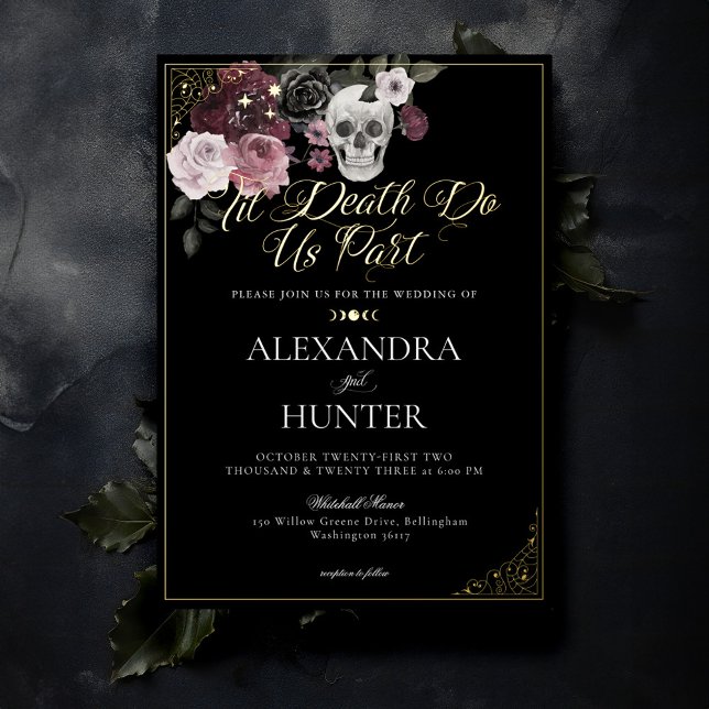 Til Death Watercolor Skull Rose Gothic Wedding (Til Death Watercolor Skull Rose Gothic Wedding Foil Black Invitation)