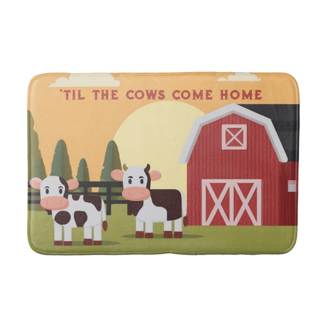 Til the Cows Come Home Two Cows Red Barn Sunrise Bath Mat (Front)