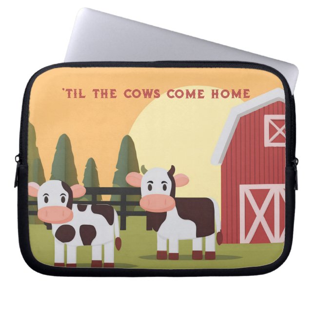 Til the Cows Come Home Two Cows Red Barn Sunrise Laptop Sleeve (Front)
