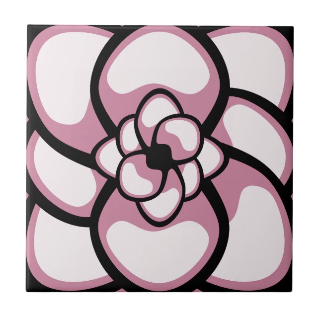 Tile, Abstract Flower 3, Pink, Black, White Tile (Front)
