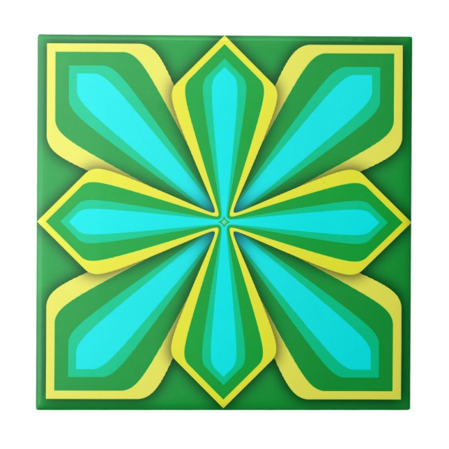 Tile, Abstract Flower, Green Yellow Cyan Tile (Front)
