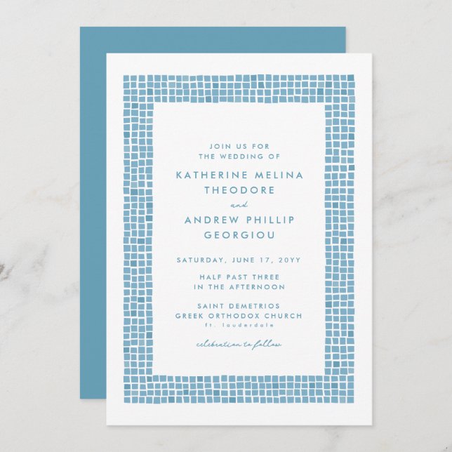 Tile frame simple Greek blue destination wedding Invitation (Front/Back)