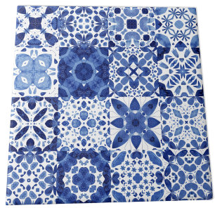 Tile Pattern Blue White Watercolor
