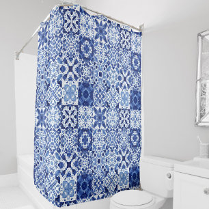 Tile Pattern Blue White Watercolor Shower Curtain