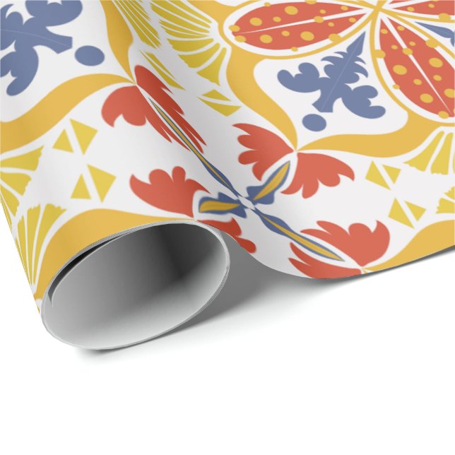 Tile pattern with intricate floral motifs in red wrapping paper (Roll Corner)