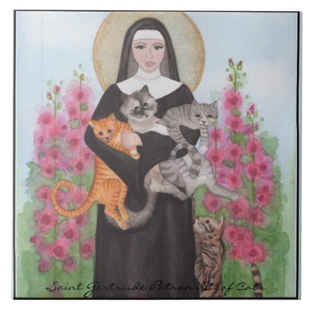 Tile Saint Gertrude Patron St. of Cats Trivet (Front)
