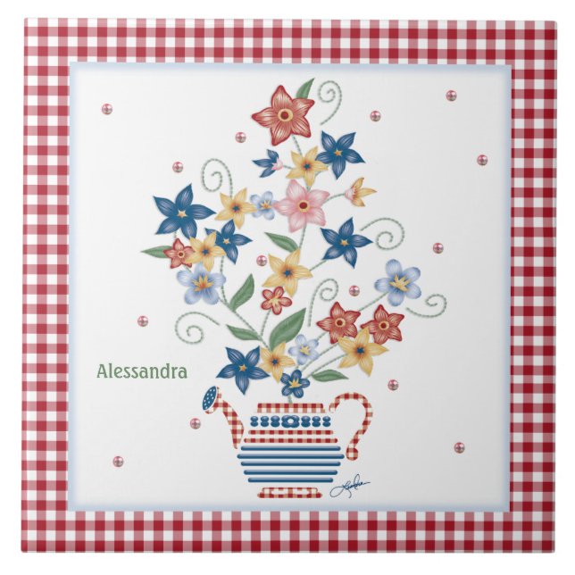 Tile Stencil Floral Red Gingham Personalised (Front)