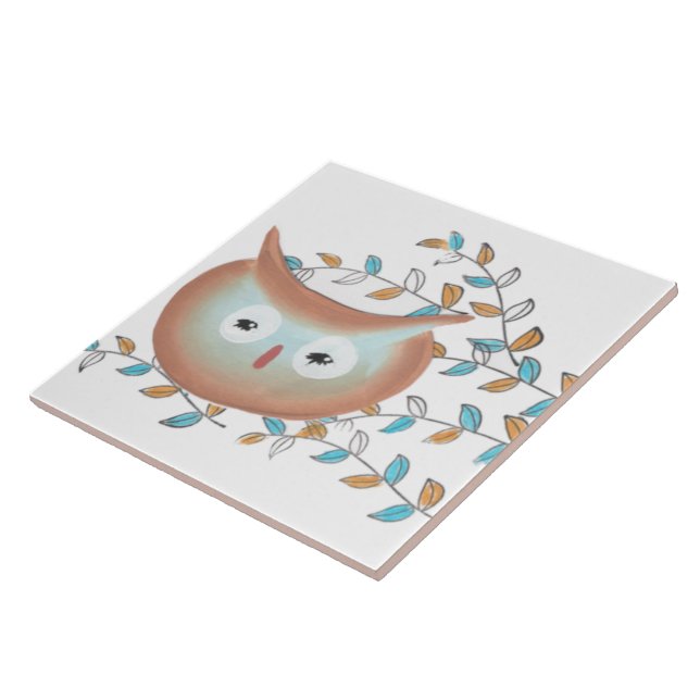 Tile with Owl Print in Aqua & Brown (Side)