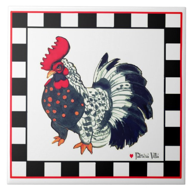Tile with rooster art black white checks (Front)