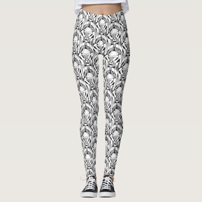 Tiled abstract design in black & white line leggings (Front)