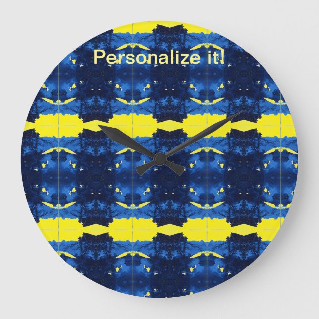 Tiled and mirrored psychedelic blue, yellow design large clock (Front)