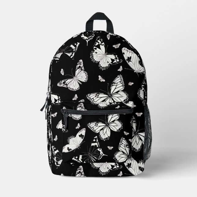 Tiled Black and White Butterfly Pattern Printed Backpack (Front)