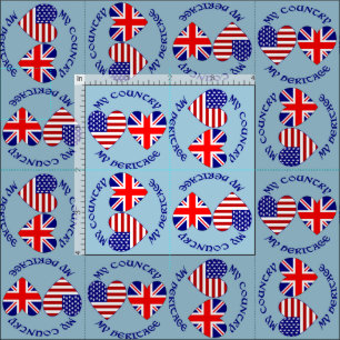 Tiled British USA Heart Flags Country Heritage  Fabric