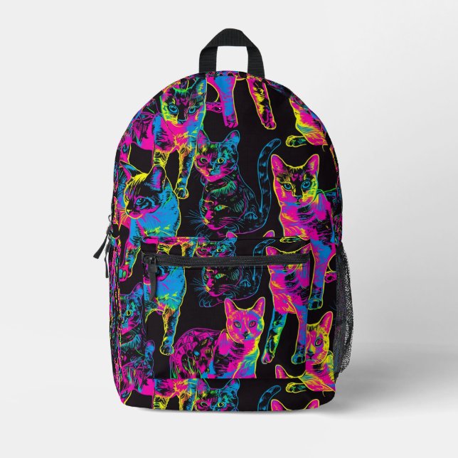 Tiled Neon Cat Pattern Printed Backpack (Front)
