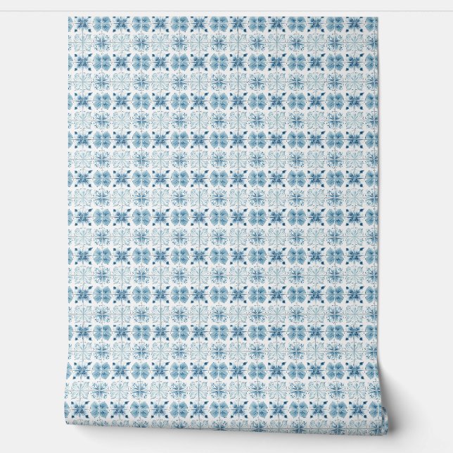 Tiled Ocean Bloom Mini - Teal, White - Coastal Wallpaper (Unrolling)