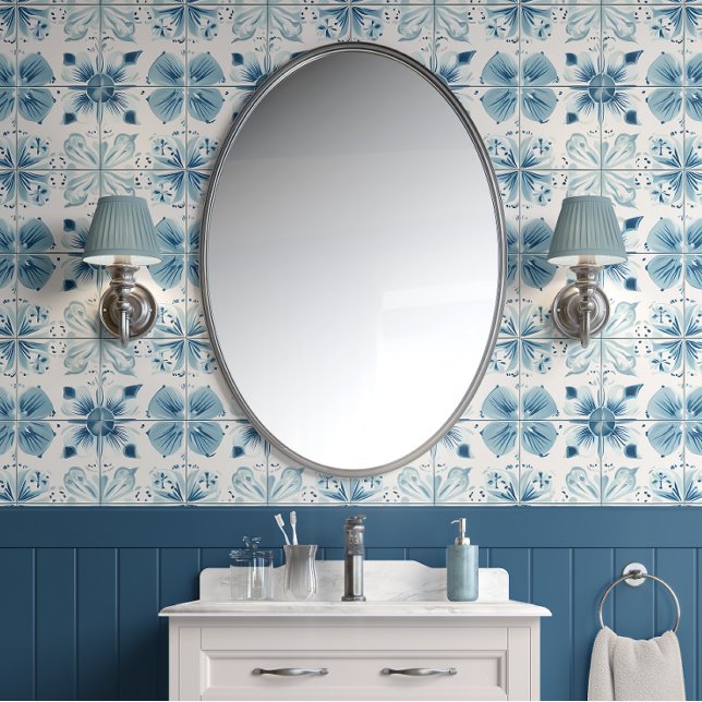 Tiled Ocean Bloom - Teal, White - Coastal Wallpaper (Oceanic Blossom Tile Peel and Stick Wallpaper )