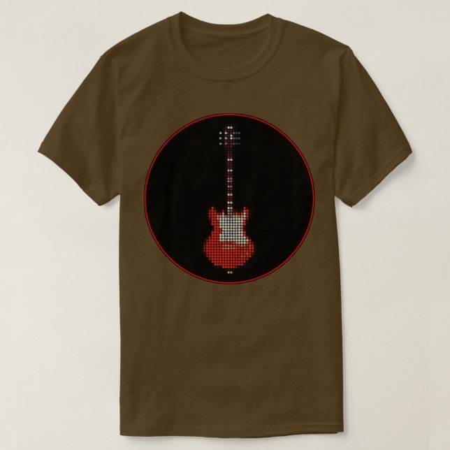 Tiled Pixel Red Pixie Guitar in a Black Circle  T-Shirt (Design Front)