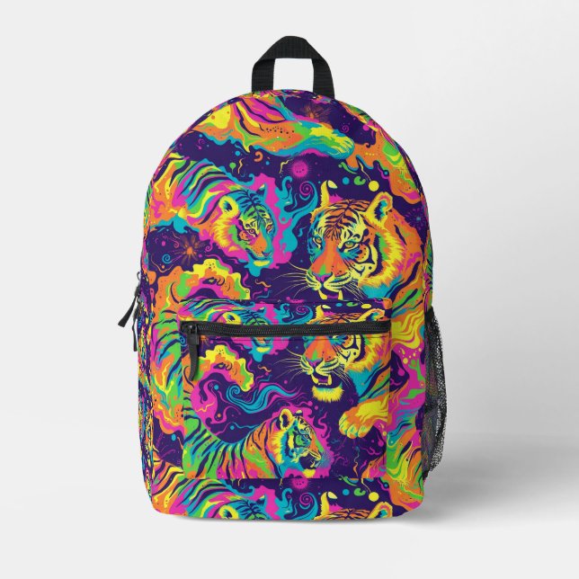 Tiled Psychedelic Tiger Pattern Printed Backpack (Front)