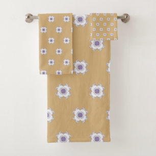 Tiled Purple Gold Floral-Look Fractal Art Golden Bath Towel Set