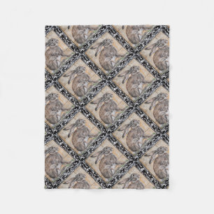 Tiled Rabbit Hare Black Scrolled Border Home Decor Fleece Blanket