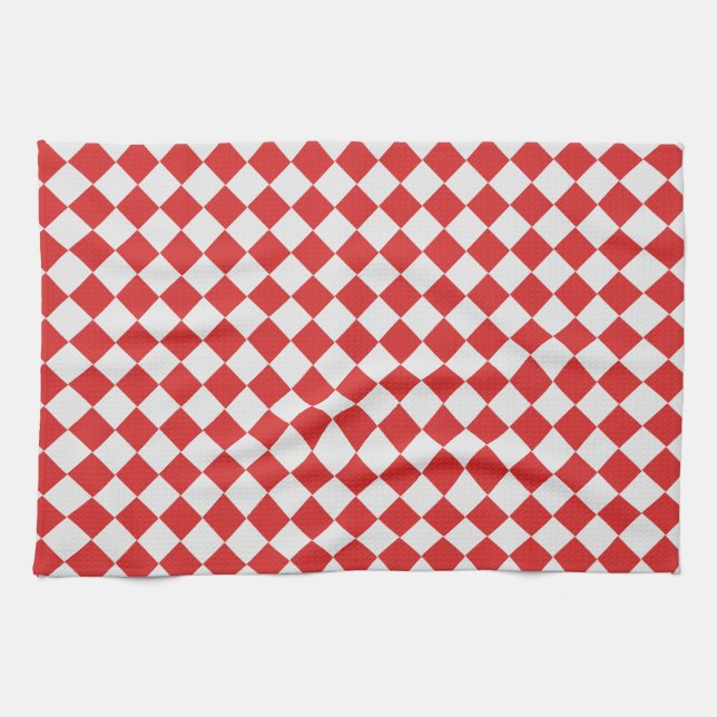 Tiled Red and White Diagonal Woven Pattern Tea Towel (Horizontal)