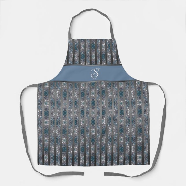 Tiles and Grey Stripes in Shades of Teal Monogram Apron (Front)